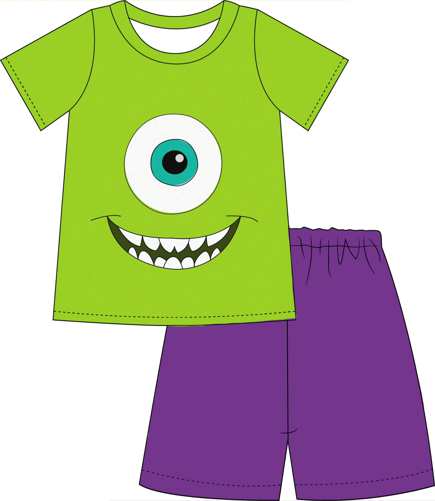 custom style cartoon green monster short sleeve purple shorts boys set tat 6-8 weeks