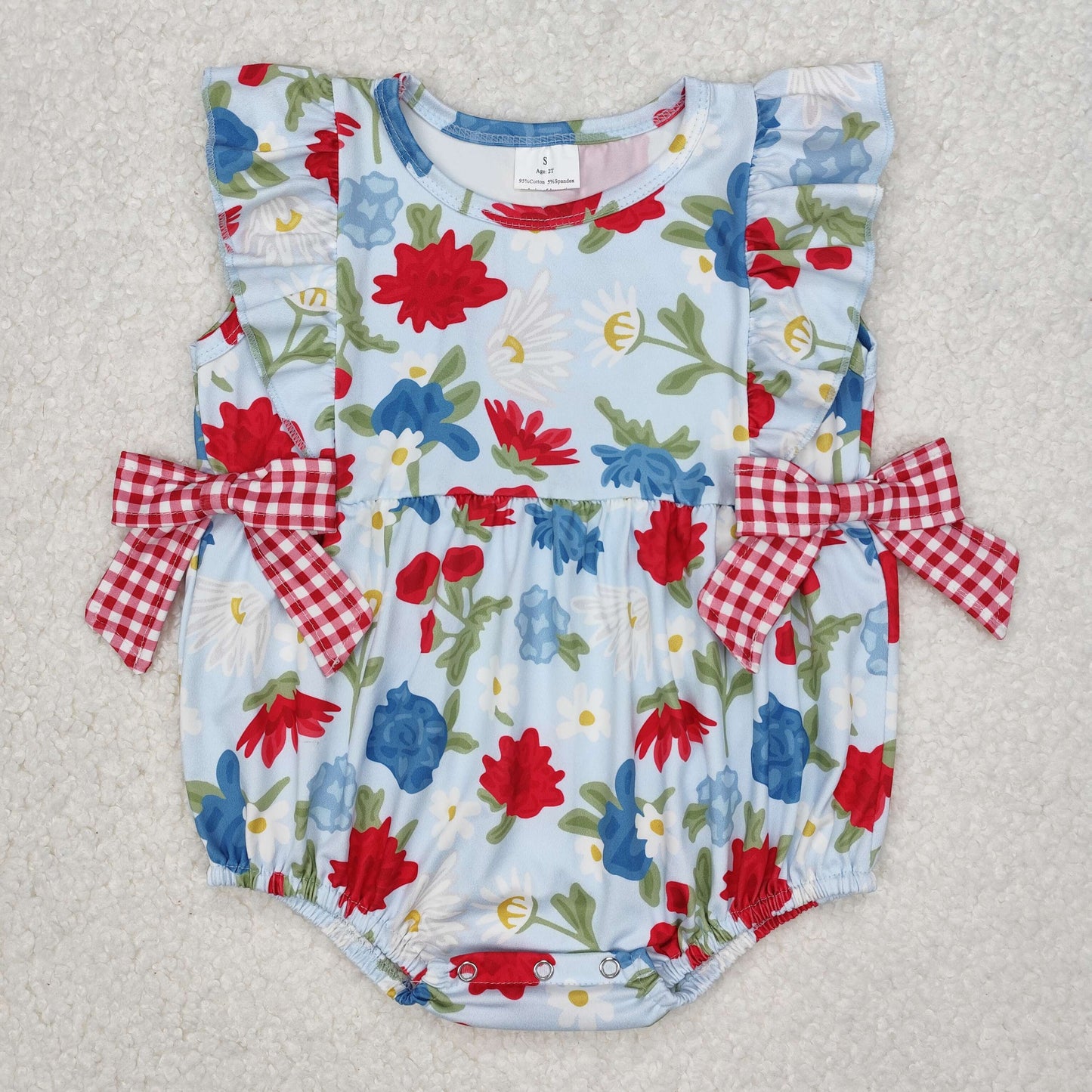 SR2593 Red Blue Flowers Bows Ruffles Sleeve Girls Romper