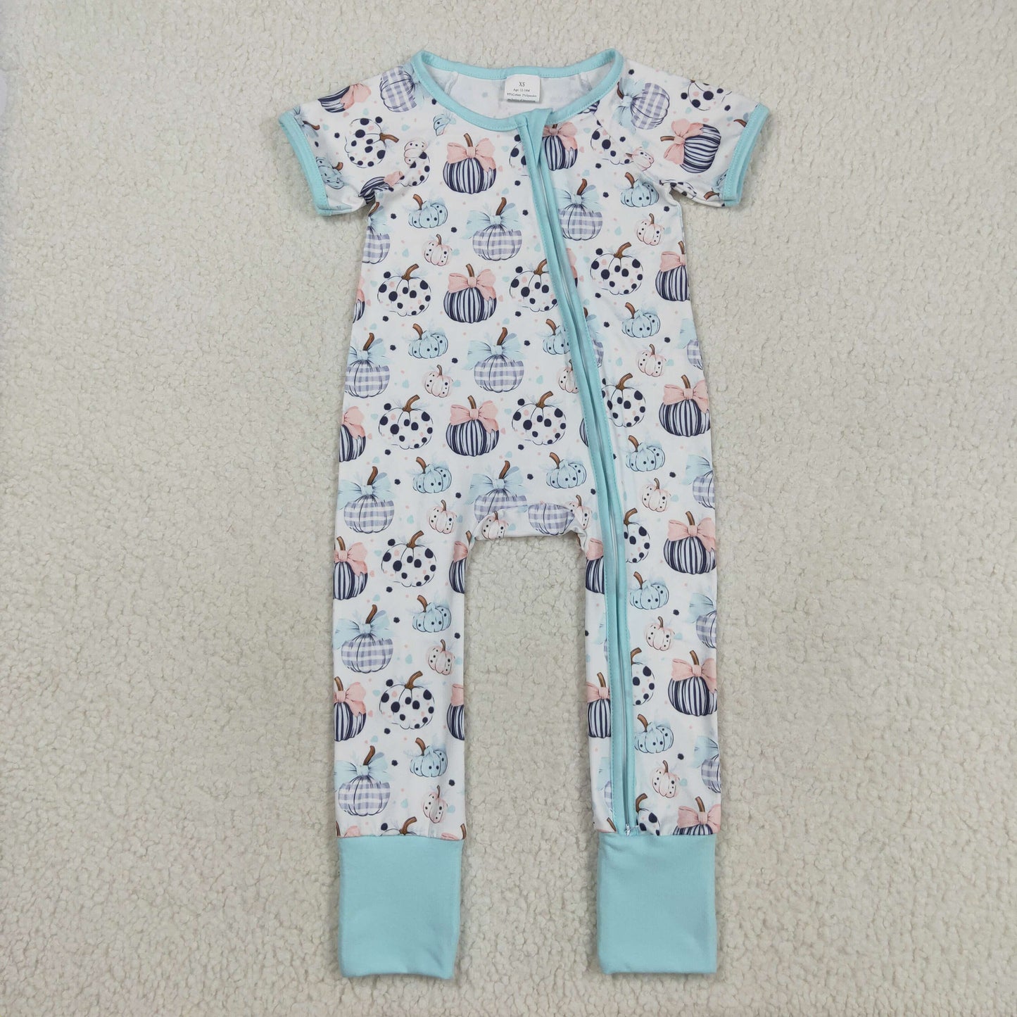 SR3109 Autumn pumokin bows short sleeve zipper girls romper