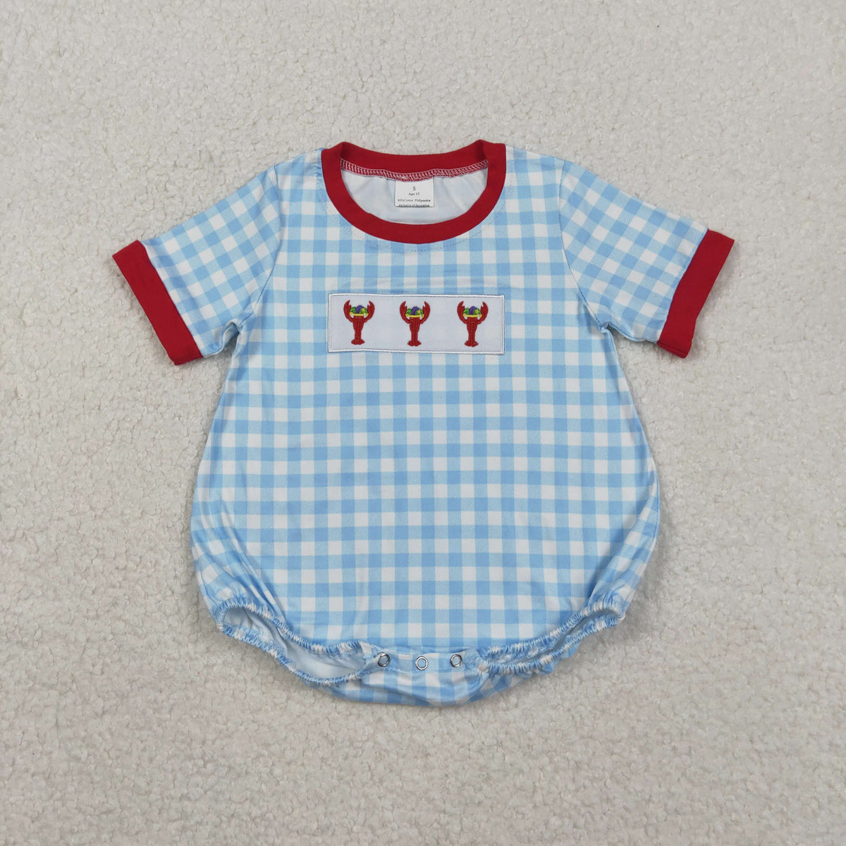 embroidery SR3257 Mardi Gras crayfish blue checkered short sleeve boys romper