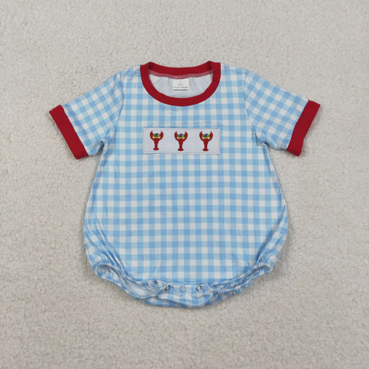 embroidery SR3257 Mardi Gras crayfish blue checkered short sleeve boys romper