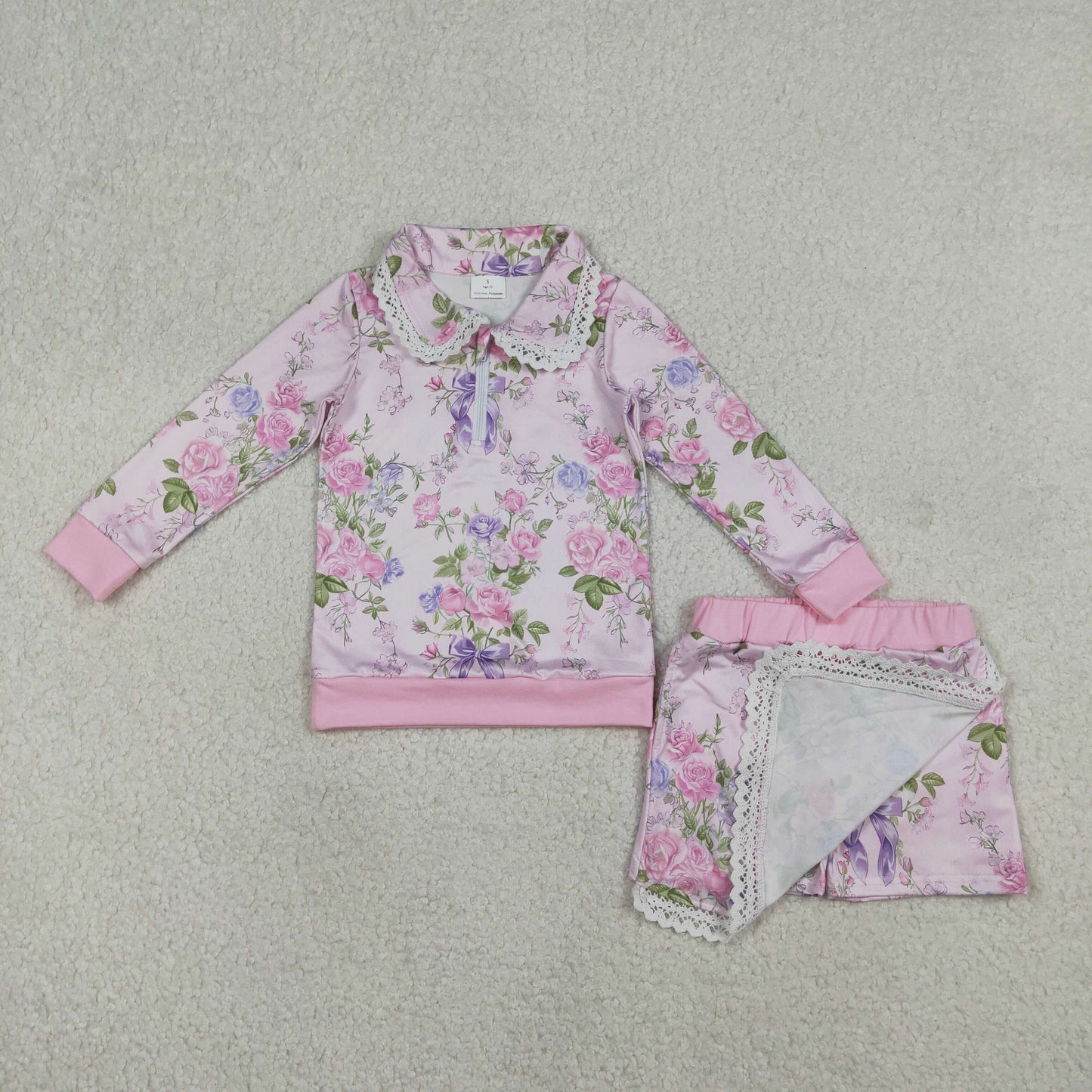 GLD1572 Flowers Pink Zipper Long Sleeve Skirts Girls Set