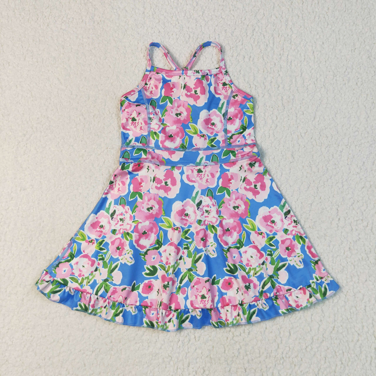GSD2284 yoga hot pink flowers blue skorts girls dress