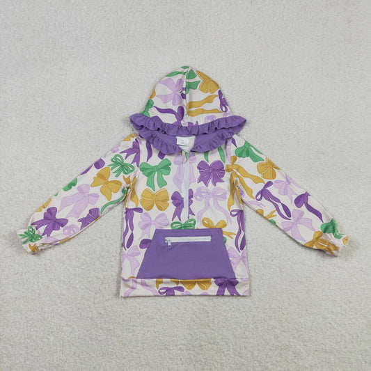 GT1222 Mardi Gras purple/yellow/green bows zipper hoodie long sleeve girls top