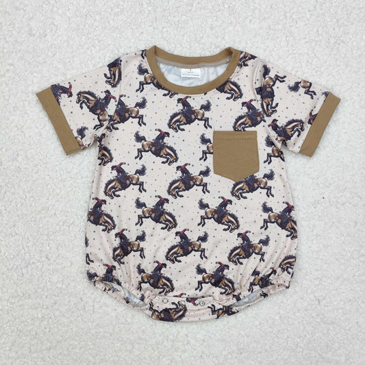 SR2085 Western rodeo brown pocket short sleeve boys romper