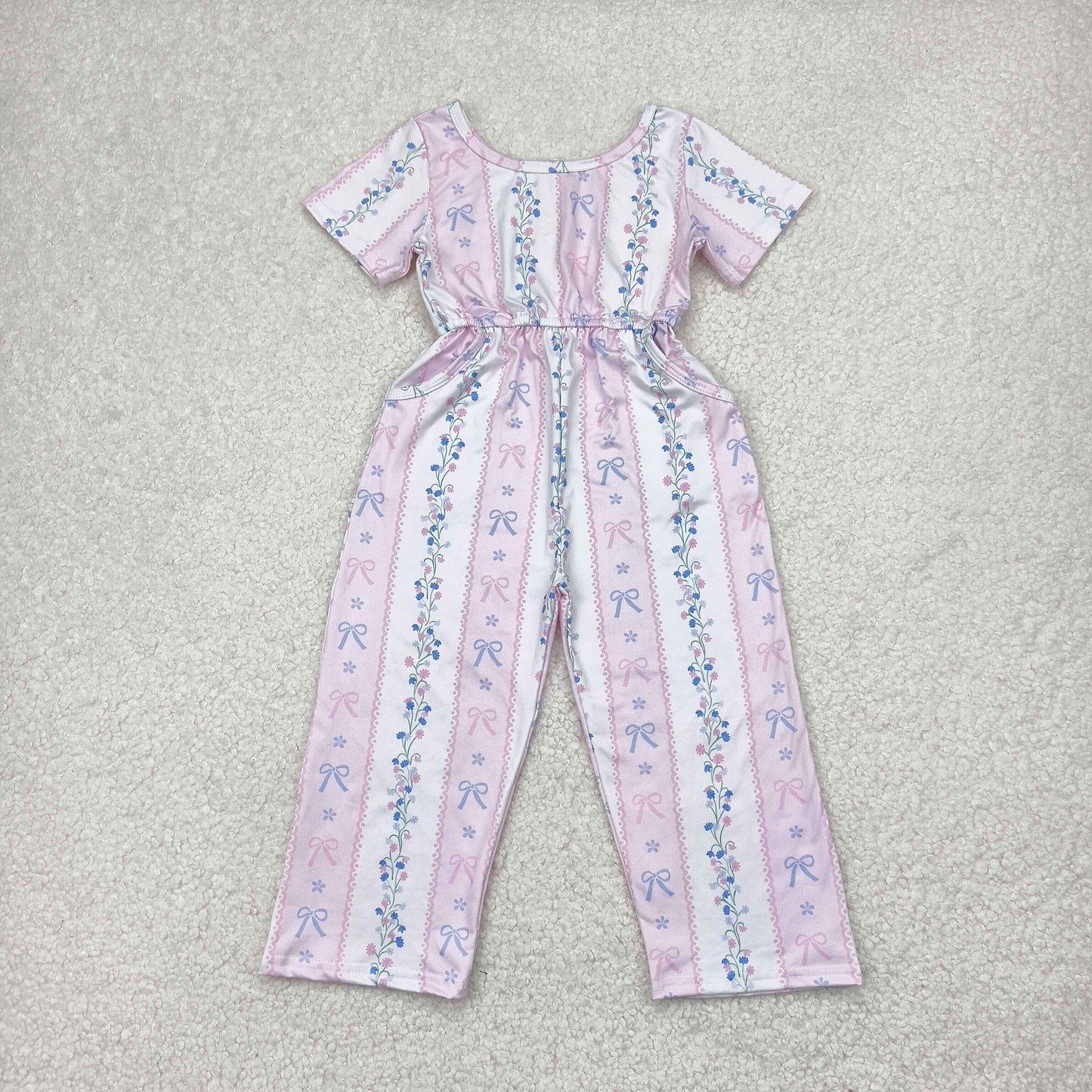 SR2941 bows flowers pink short sleeve girls jumpsuits