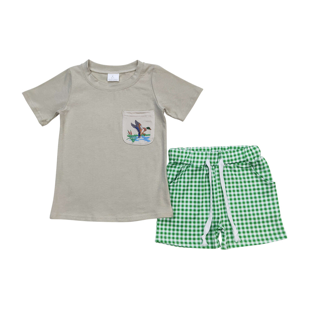 BSSO0734 mallard duck grey pocket short sleeve green checkered shorts boys set