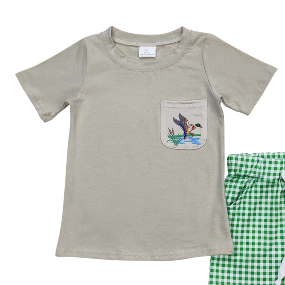BSSO0734 mallard duck grey pocket short sleeve green checkered shorts boys set