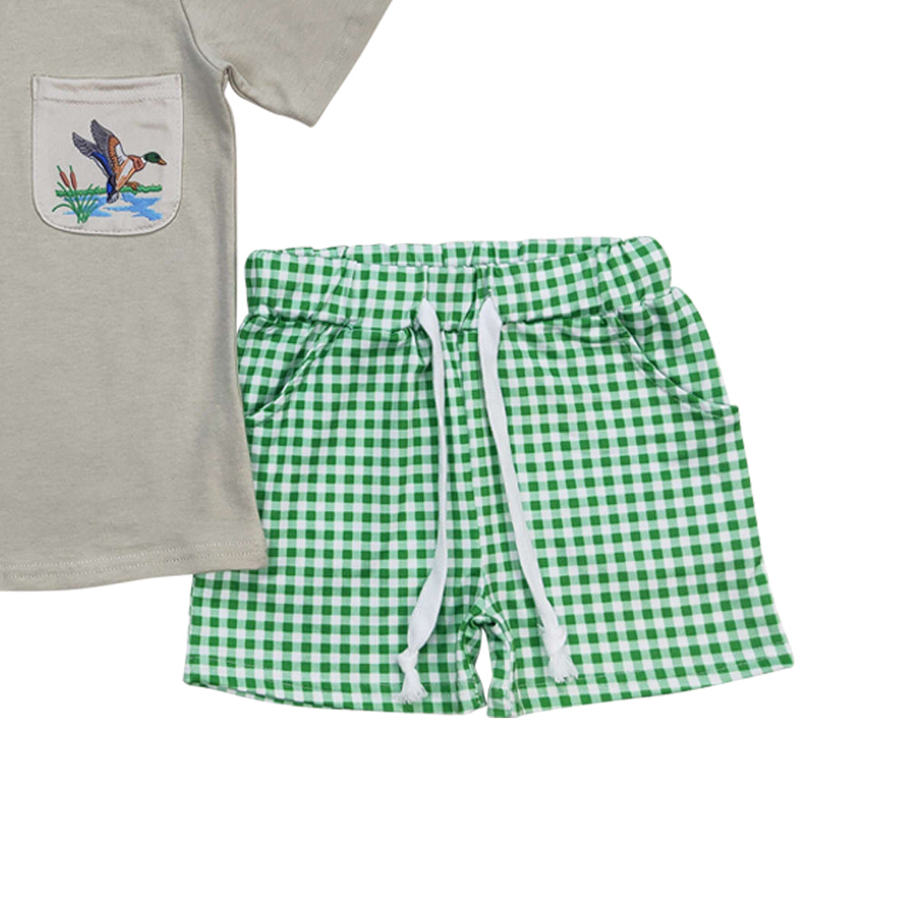 BSSO0734 mallard duck grey pocket short sleeve green checkered shorts boys set