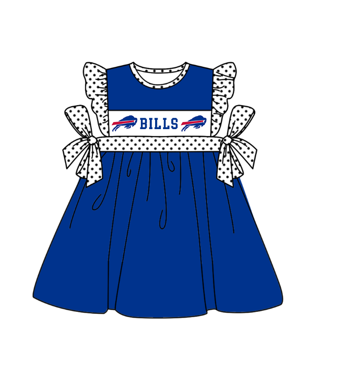 Custom Moq 3 Football Team Bills Blue Flutter Sleeve Girls Dress