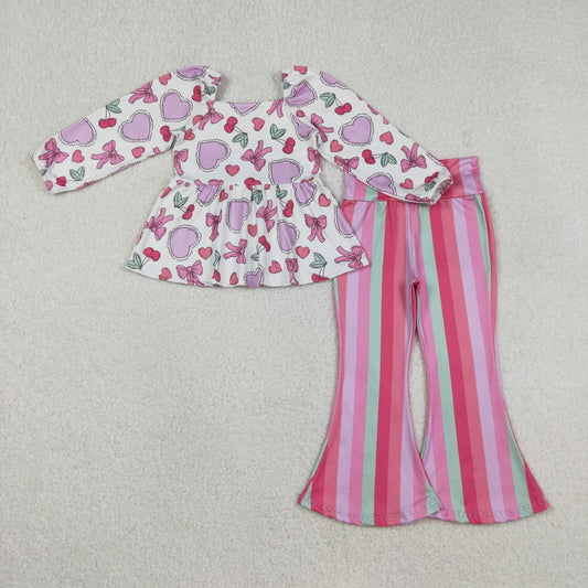 GLP3119 Valentine's Day Heart Bows Berry Long Sleeve Hot Pink Striped Pants Girls Set