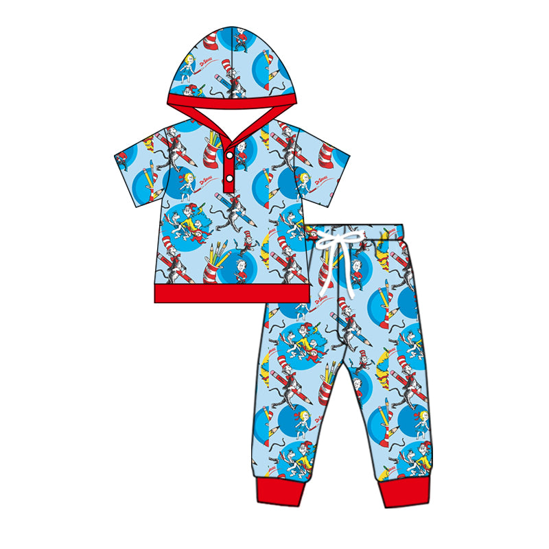 custom moq 3 Christmas cartoon Dr red blue short sleeve hooded pants boys set