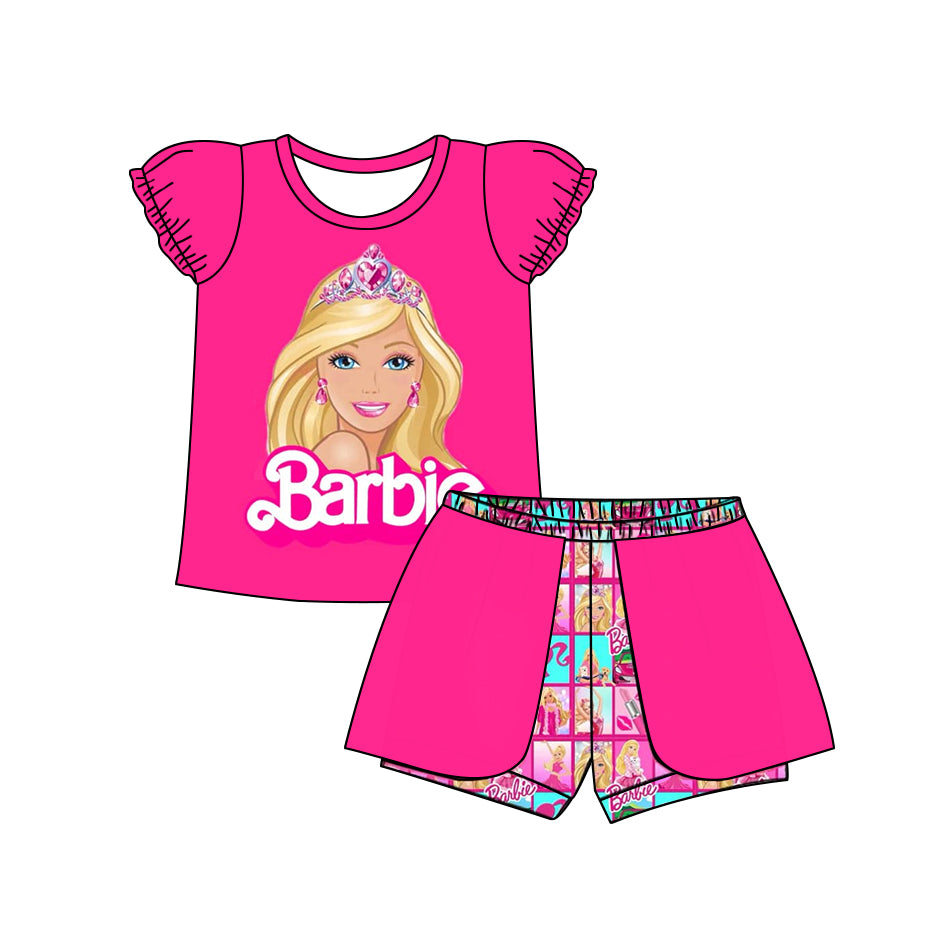 custom style cartoon cute BA hot pink flutter sleeve hot pink shorts girls set tat 6-8 weeks