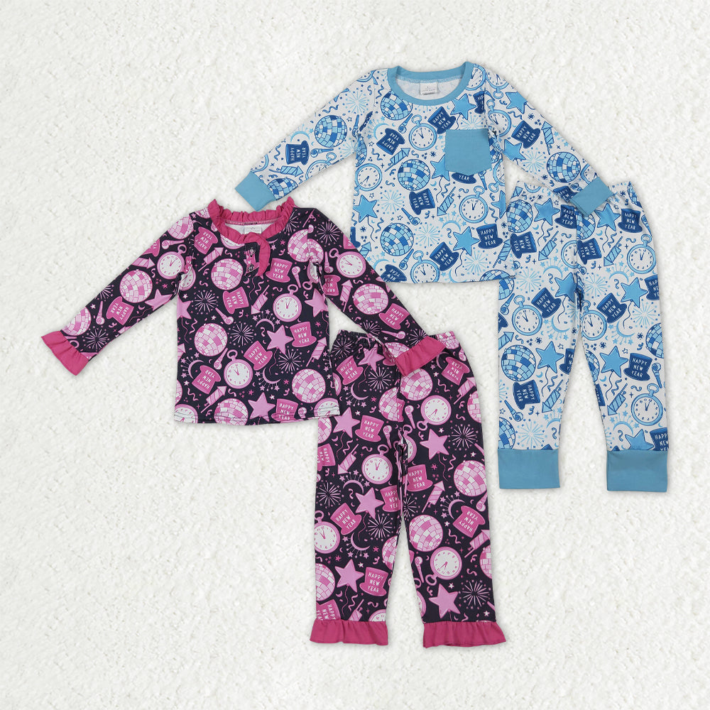 happy new year light blue/hot pink pajamas RTS Sibling Clothes