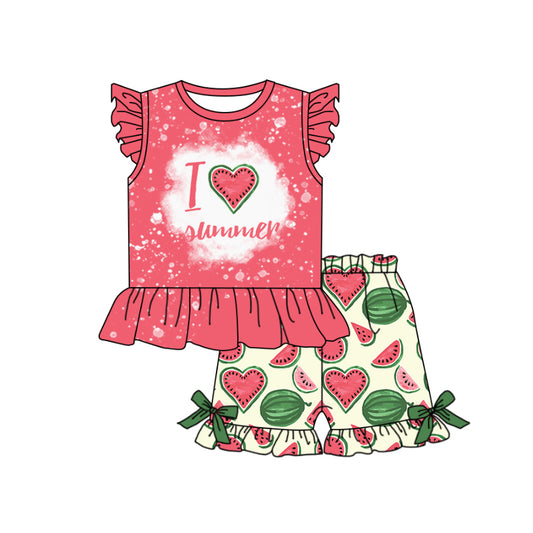 Preorder GSSO0576 I Love Watermelon Red Flutter Sleeve Green Shorts Girls Set