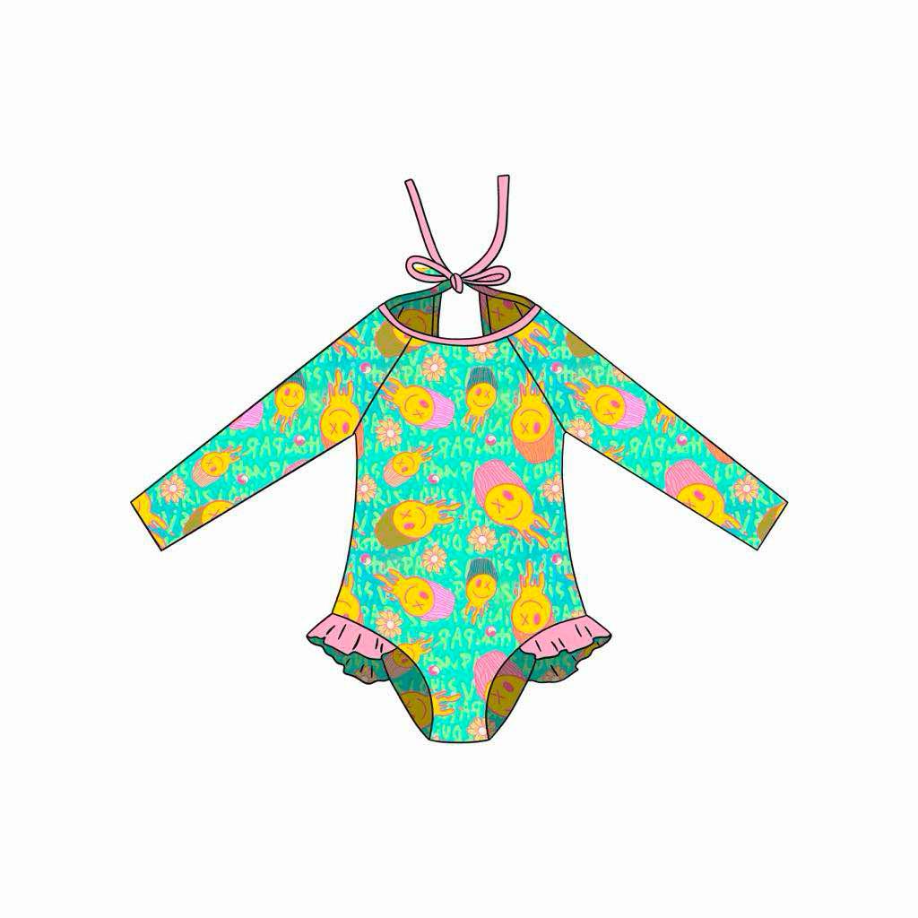 custom smile green long sleeve girls bathing swimsuits