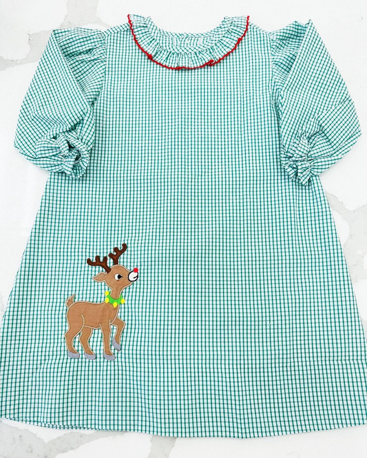 preorder GLD0401 Deer green plaid long sleeve girls dress