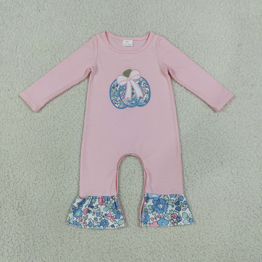 Embroidery LR3021 Autumn Pumpkin Pink Long Sleeve Girls Romper