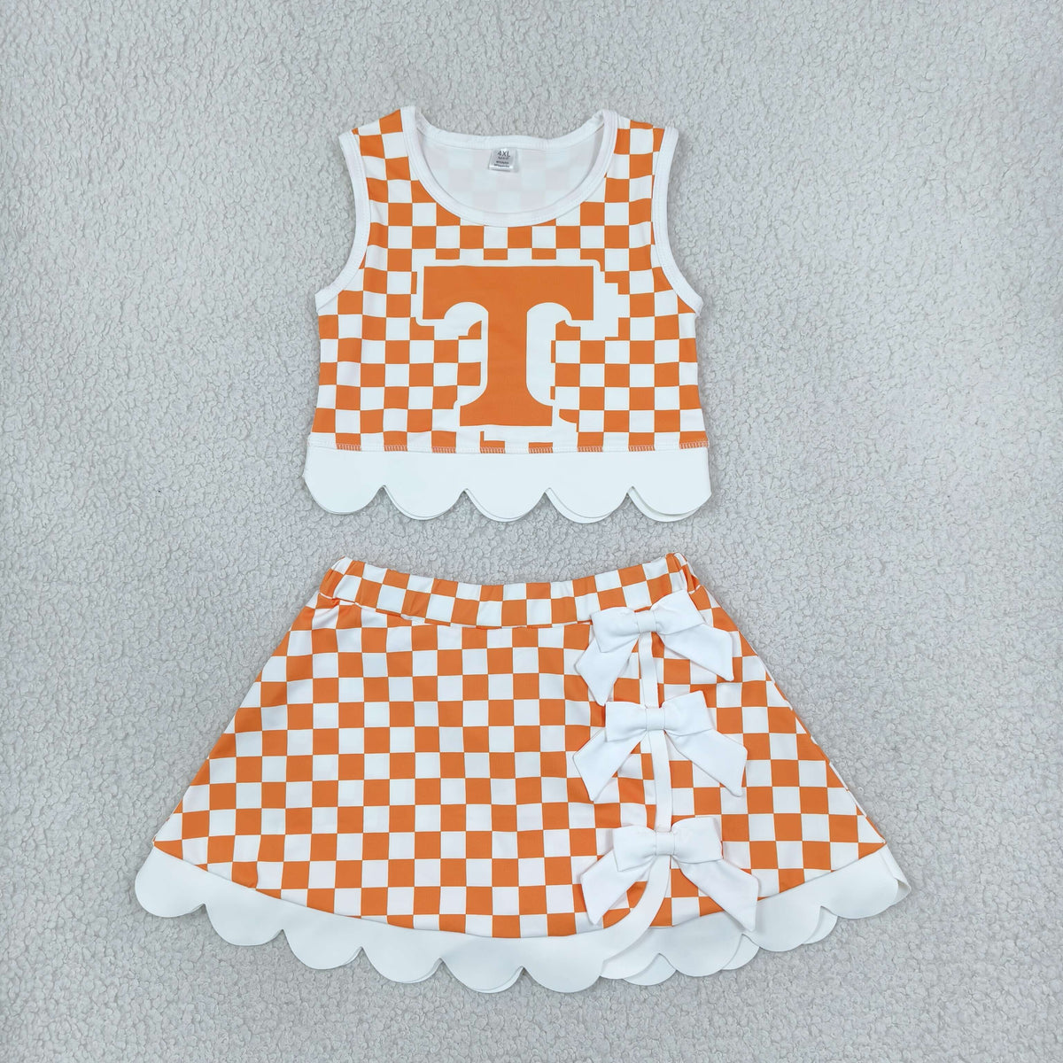 GSD4282 Yoga Team Orange Checkered Sleeveless Bows Skorts Girls Set