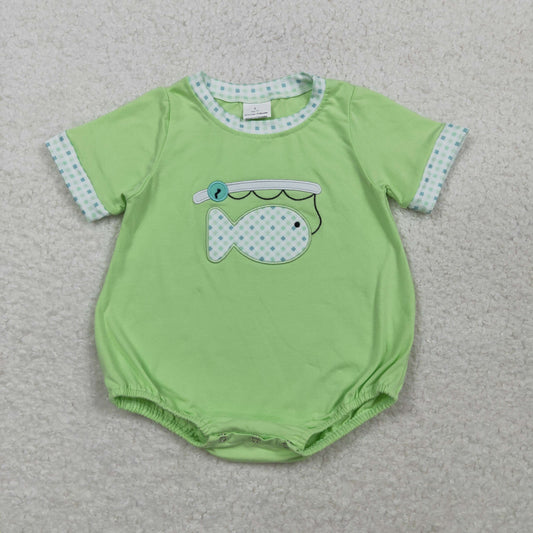 Embroidery SR3750 Fishing Green Short Sleeve Boys Romper