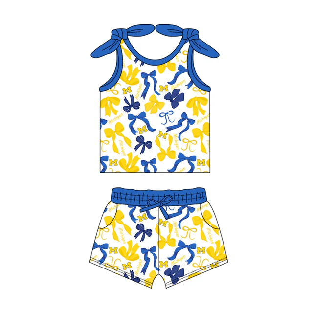custom moq 3 football team blue yellow sleeveelss shorts girls set