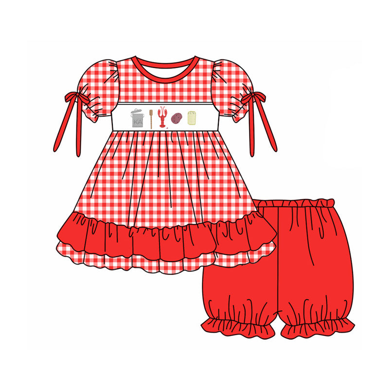 MOQ 3 Custom Crayfish Red Checkered Bows Short Sleeve Red Shorts Girls Set