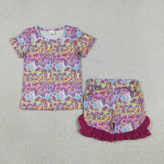 GSSO3472 Tiger Rainbow Purple Short Sleeve Shorts Girls Set