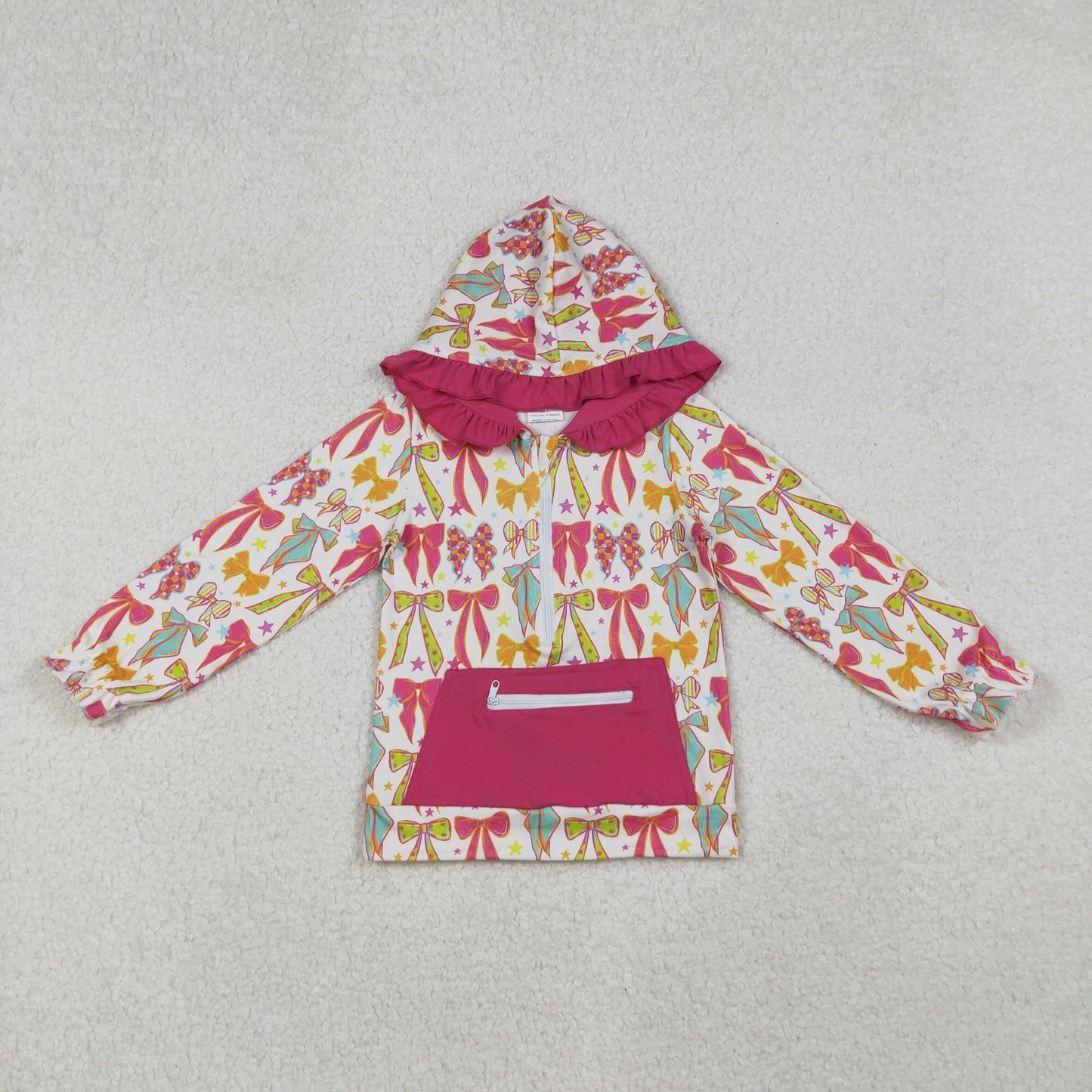 GT1121 colorful bows green/hot pink/orange bows pocket hoodie long sleeve girls top