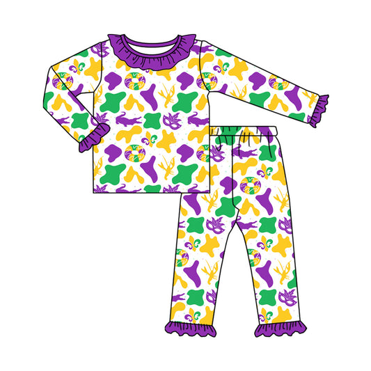 Custom moq 20 bamboo Mardi Gras mask purple green yellow long sleeve pants girls pajamas