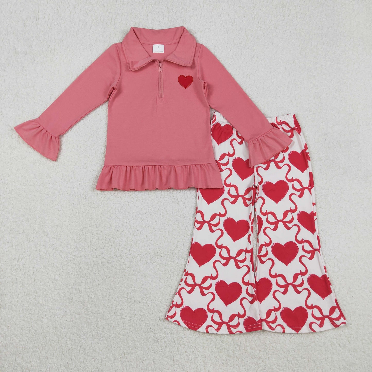 Embroidery GLP2935 Valentine's Day red heart zipper long sleeve bows heart pants girls set