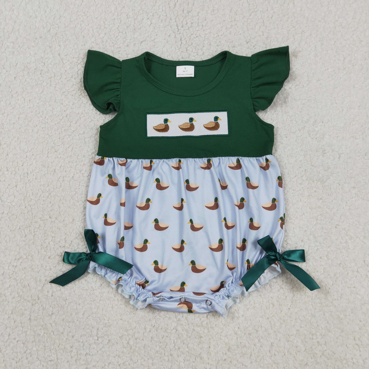 Embroidery SR4091 Hunting Mallard Duck Green Flutter Sleeve Girls Romper