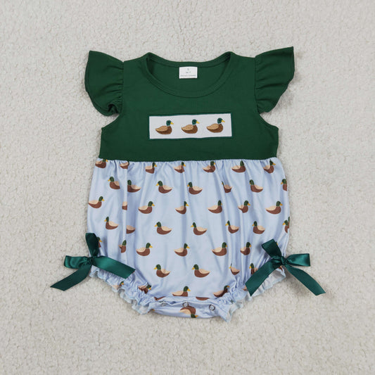 Embroidery SR4091 Hunting Mallard Duck Green Flutter Sleeve Girls Romper