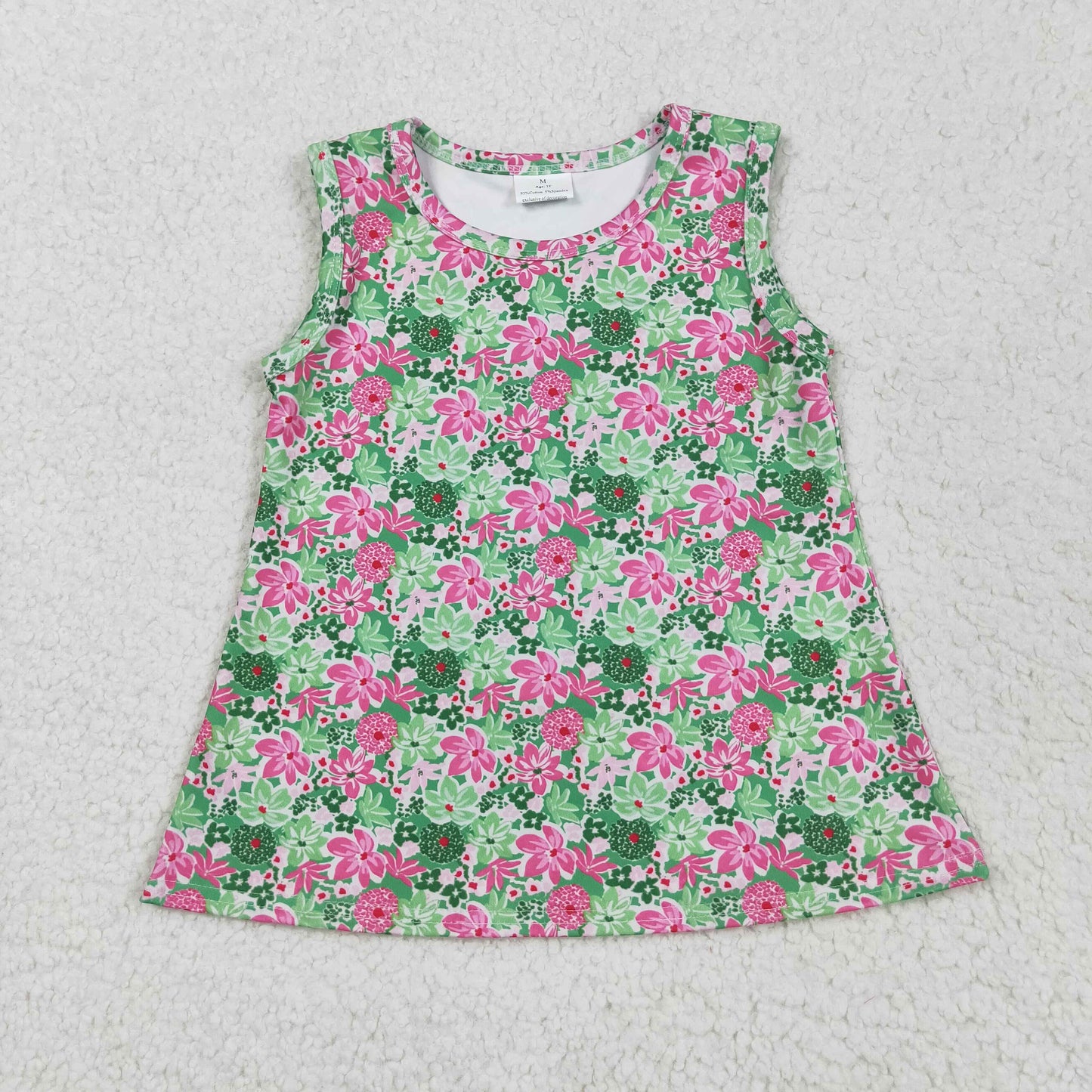 GT1015 hot pink flowers green sleeveless girls top