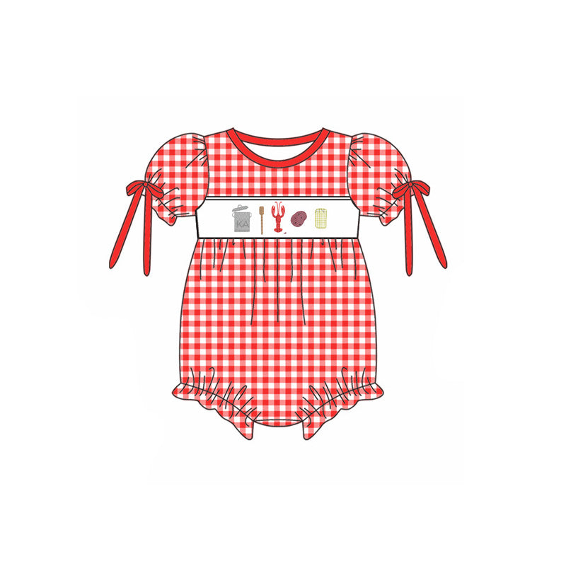MOQ 3 Custom Crayfish Corn Red Checkered Bows Short Sleeve Girls Romper