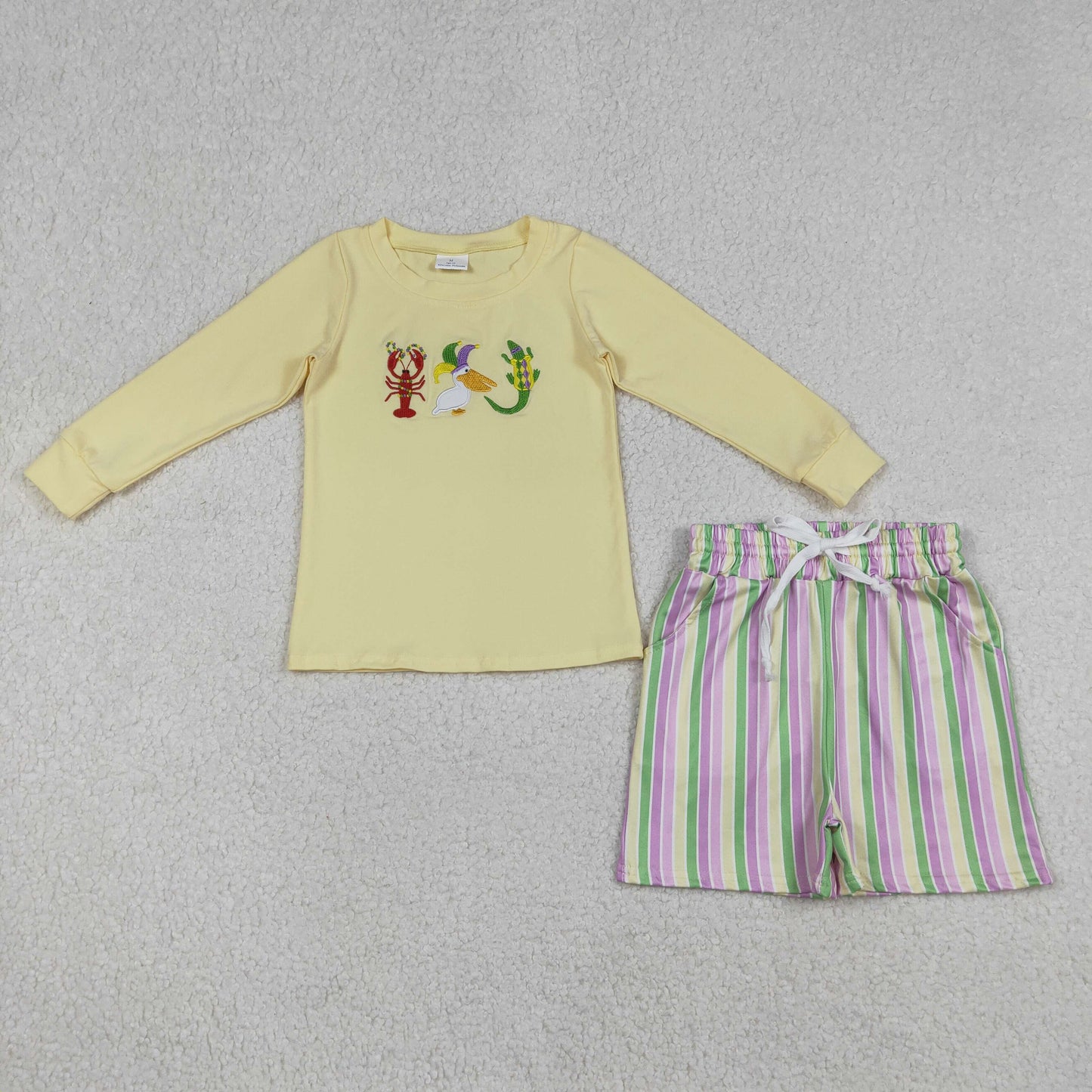 Embroidery BLS0015 Mardi Gras Crayfish Crocodile Long Sleeve Striped Shorts Boys Set