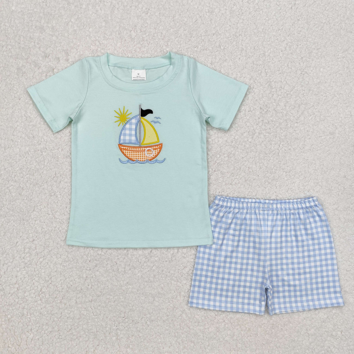 embroidery BSSO1048 cartoon sailboat boat short sleeve blue checkered shorts boys set