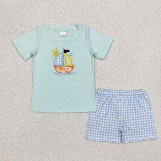 embroidery BSSO1048 cartoon sailboat boat short sleeve blue checkered shorts boys set