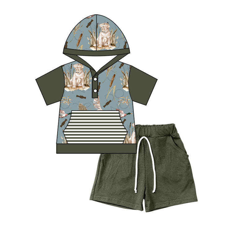 preorder BSSO0316 Hunting fishing pocket short sleeve green shorts hoodie boys set