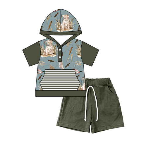 preorder BSSO0316 Hunting fishing pocket short sleeve green shorts hoodie boys set