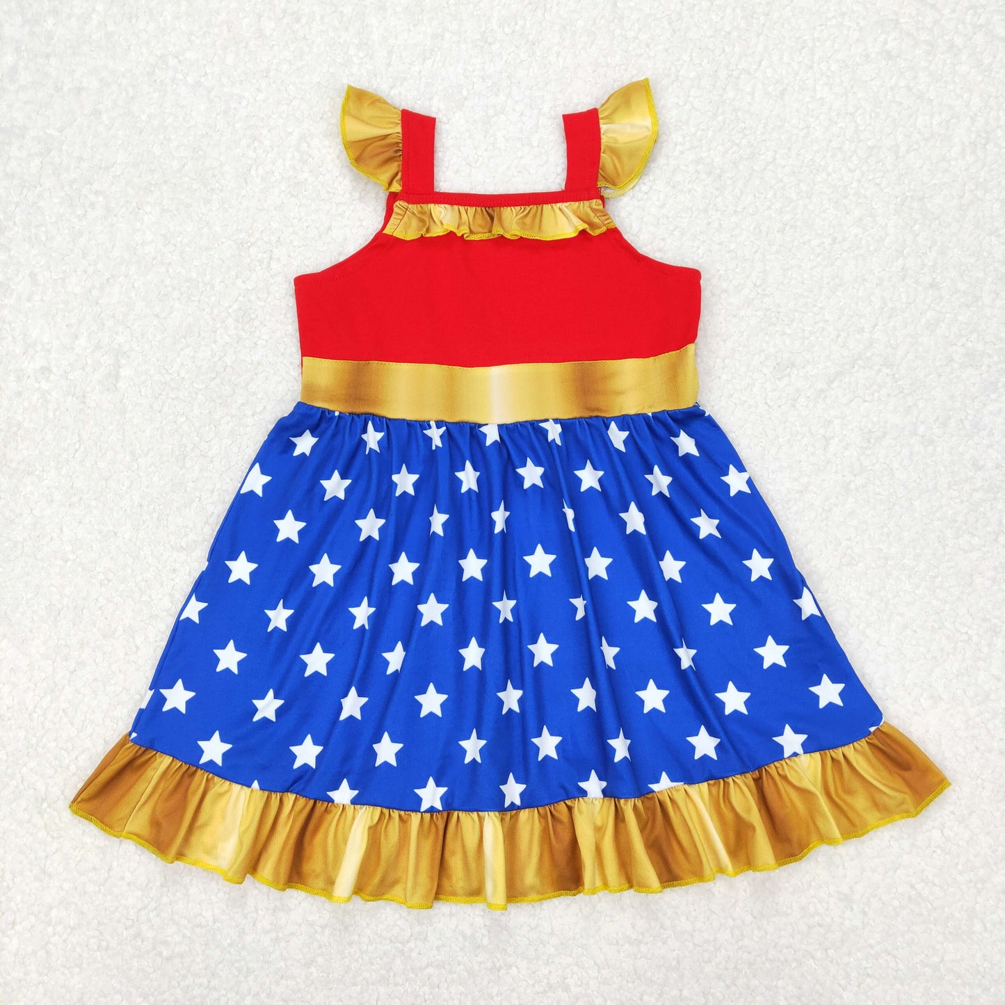 GSD1877 Cartoon Princess Red Blue Star Flutter Sleeve Girls Dress