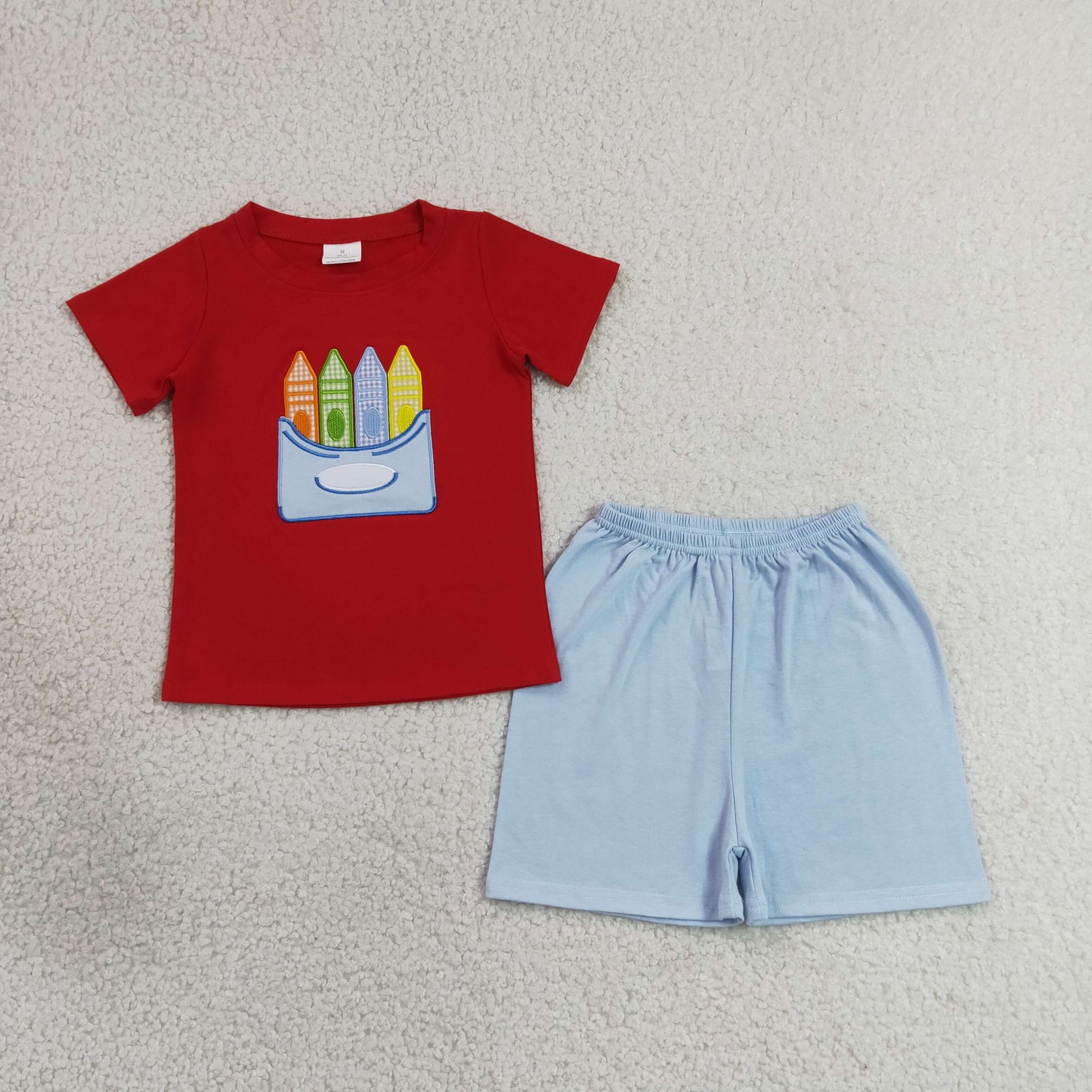 Embroidery BSSO2023 Back To School Pen Red Short Sleeve Blue Shorts Boys Set