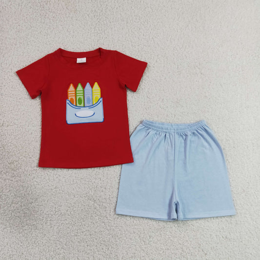 Embroidery BSSO2023 Back To School Pen Red Short Sleeve Blue Shorts Boys Set