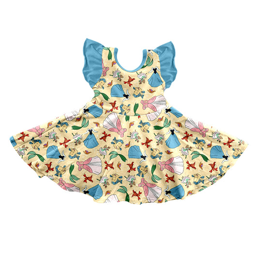 custom 11.11 Cartoon Princess fish blue flutter sleeve girls dress
