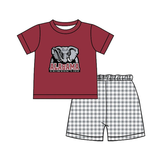custom moq 3 football team ALABAMA elephant maroon short sleeve checkered shorts boys set