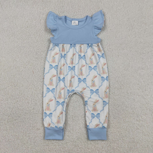 SR3806 Easter Bunny Blue Bows Flutter Sleeve Girls Romper