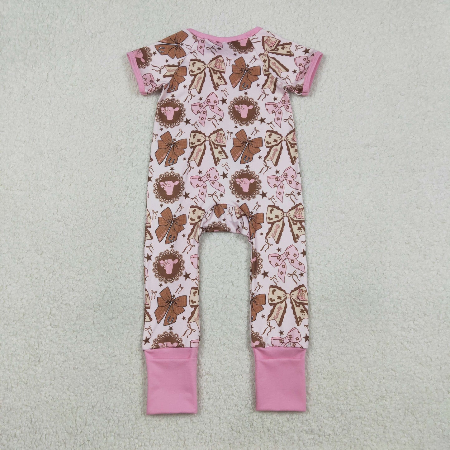 SR3763 Cow Bows Pink Zipper Short Sleeve Girls Romper