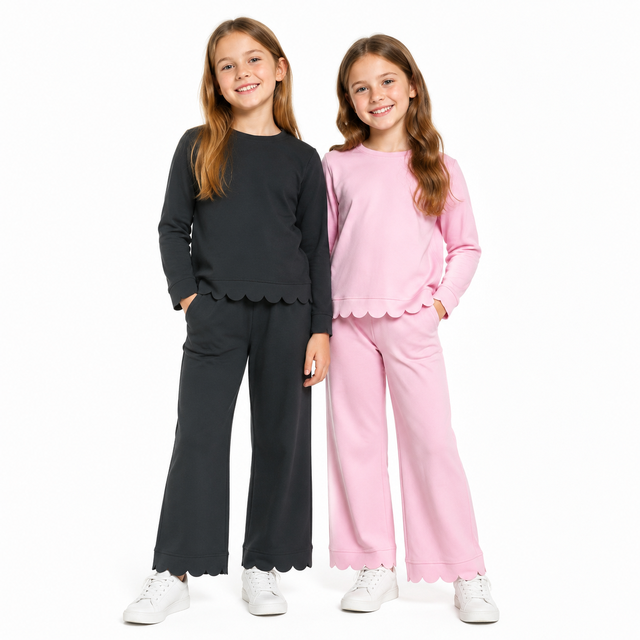 Yoga Scallop Solid Color Long Sleeve Pants Girls Set RTS Sibling Clothes
