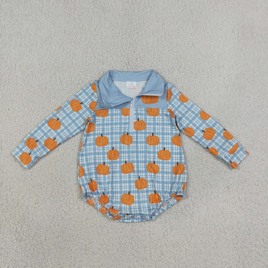 LR3201 Pumpkin Blue Zipper Long Sleeve Boys Romper