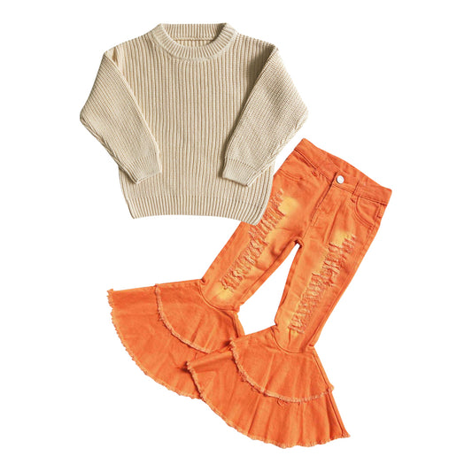 GLP0840 White sweater long sleeve orange denim pants girls set