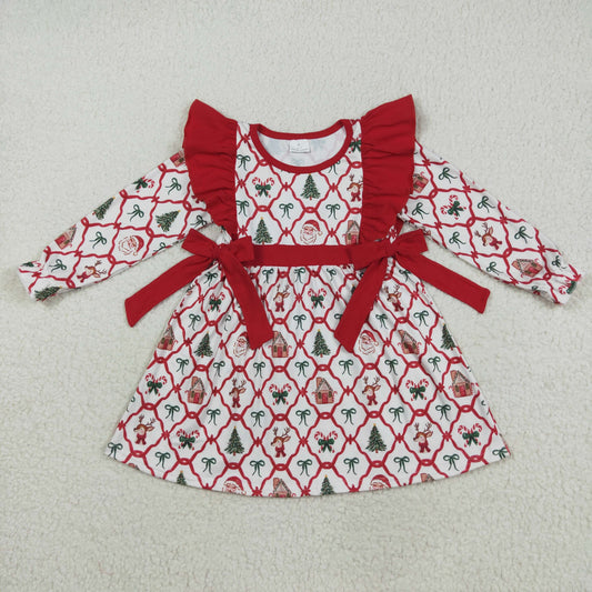 GLD1158 Christmas bear Santa bows red ruffles long sleeve girls dress